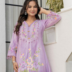 Woman Cotton V-Neck Embroidery Cord Set