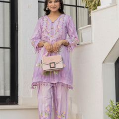 Woman Cotton V-Neck Embroidery Cord Set