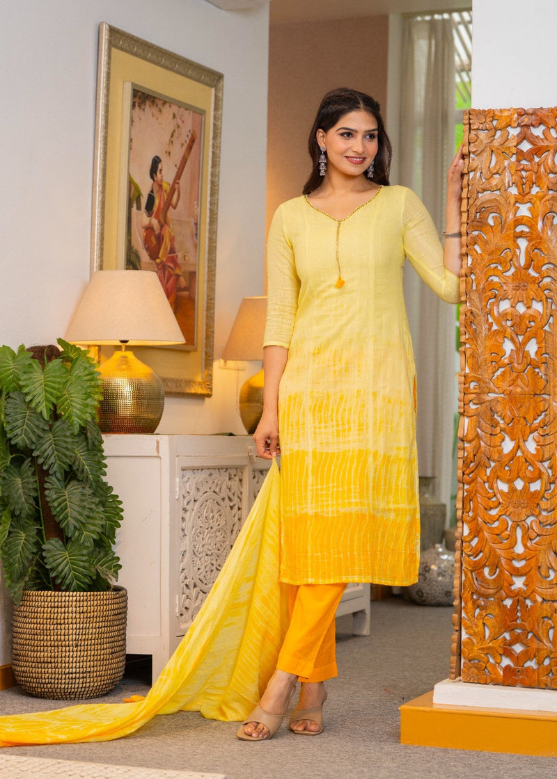 Cotton Dobby Ombre Effect Kurta Pants and Dupatta