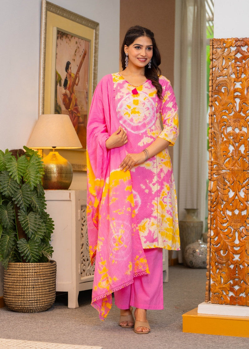 Cotton Dobby Tie and Dye Effect Kurta Pants and Dupatta