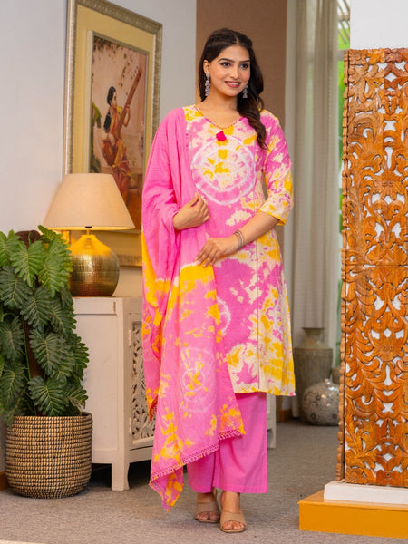 Cotton Dobby Tie and Dye Effect Kurta Pants and Dupatta