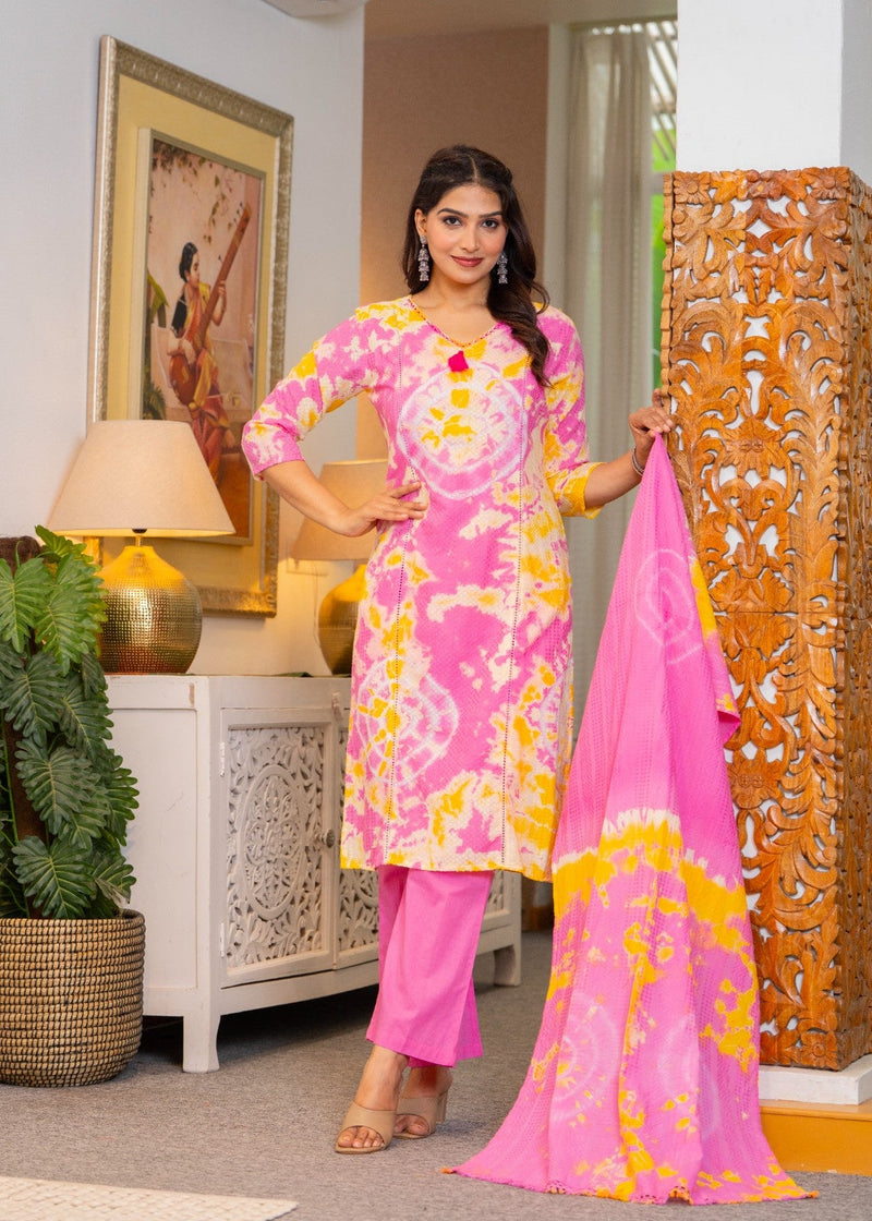Cotton Dobby Tie and Dye Effect Kurta Pants and Dupatta