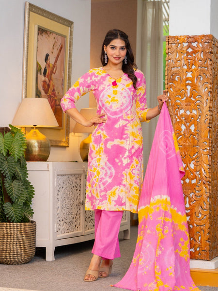 Cotton Dobby Tie and Dye Effect Kurta Pants and Dupatta