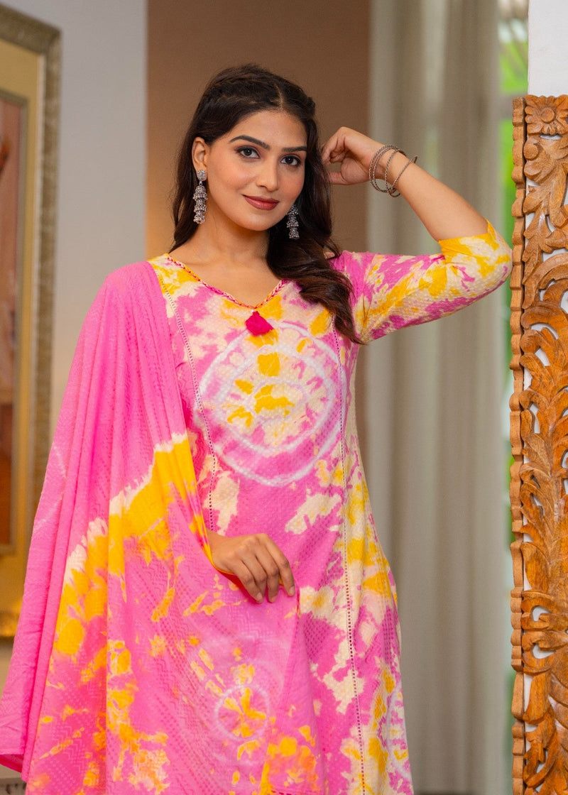 Cotton Dobby Tie and Dye Effect Kurta Pants and Dupatta