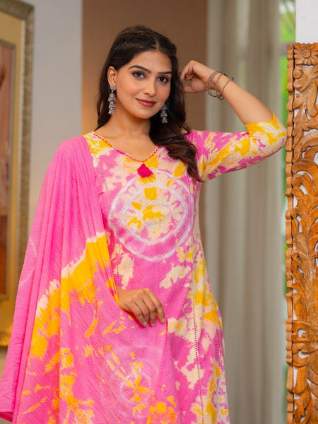 Cotton Dobby Tie and Dye Effect Kurta Pants and Dupatta
