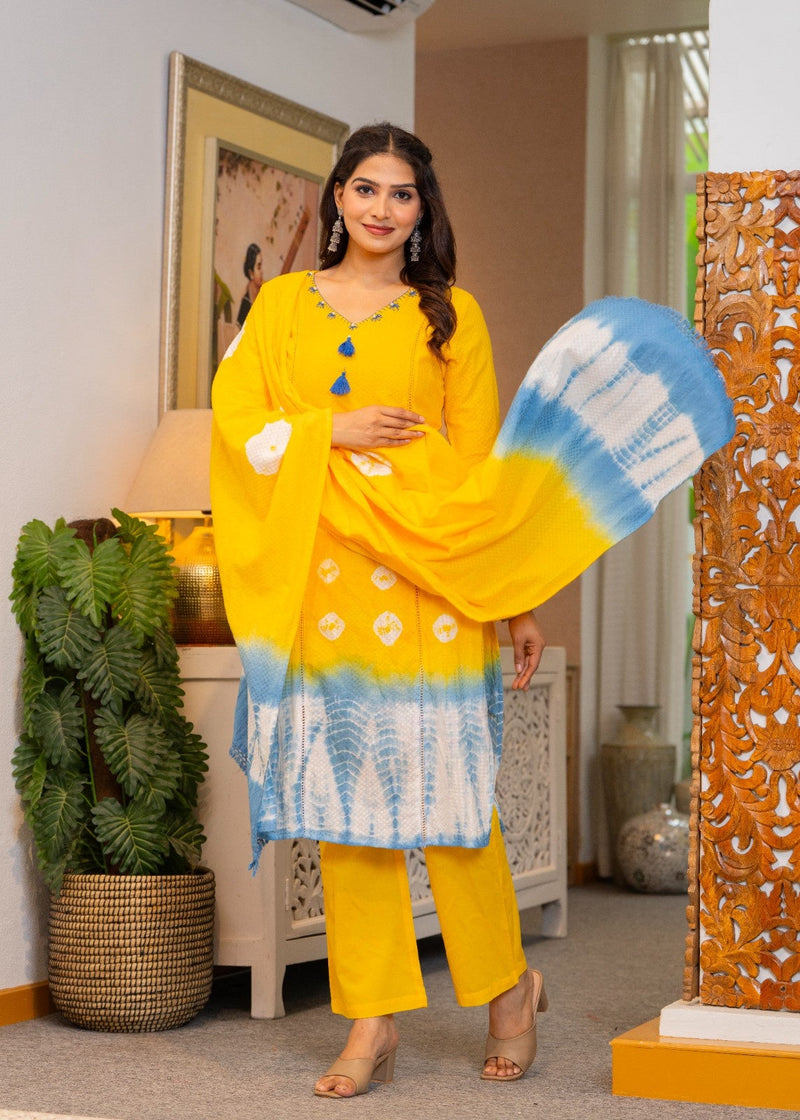 Cotton Dobby Tie and Dye Effect Kurta Pants and Dupatta