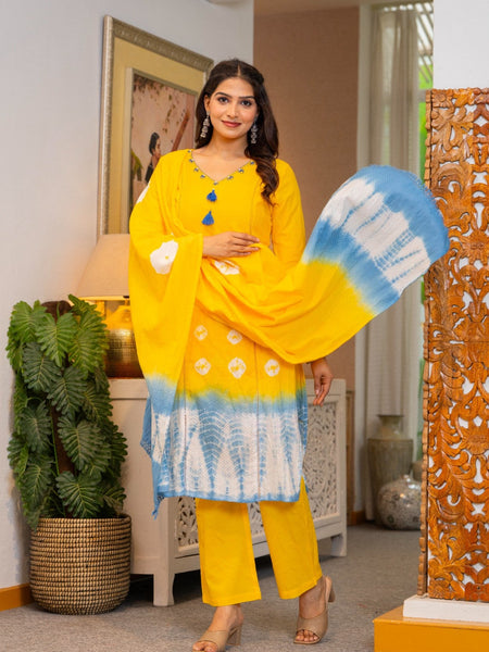 Cotton Dobby Tie and Dye Effect Kurta Pants and Dupatta