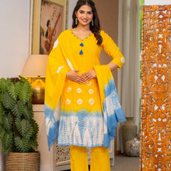 Cotton Dobby Tie and Dye Effect Kurta Pants and Dupatta