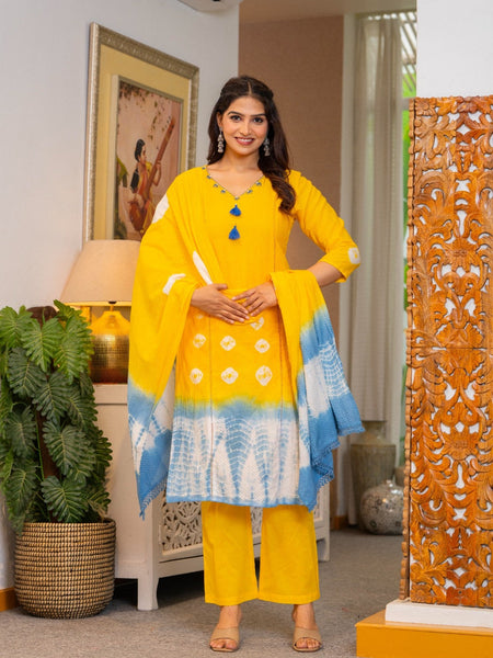 Cotton Dobby Tie and Dye Effect Kurta Pants and Dupatta