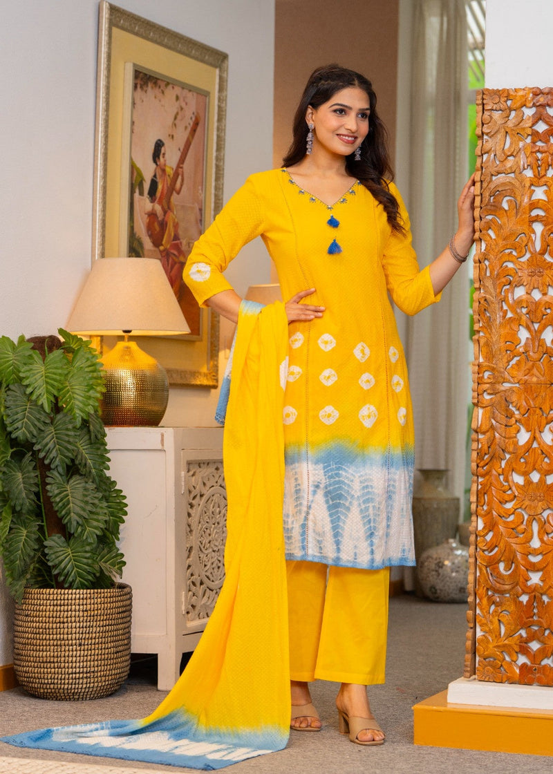 Cotton Dobby Tie and Dye Effect Kurta Pants and Dupatta