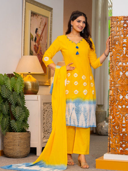 Cotton Dobby Tie and Dye Effect Kurta Pants and Dupatta