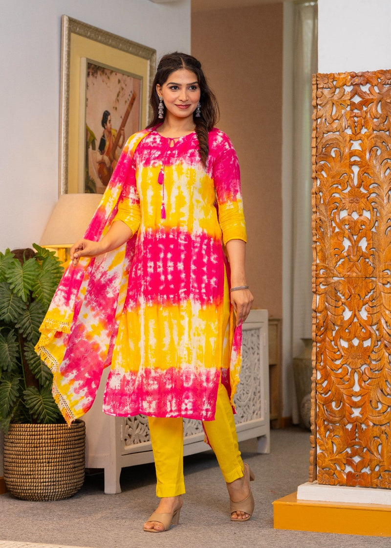 Cotton Dobby Tie and Dye Effect Kurta Pants and Dupatta