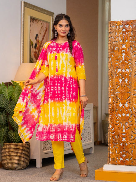 Cotton Dobby Tie and Dye Effect Kurta Pants and Dupatta