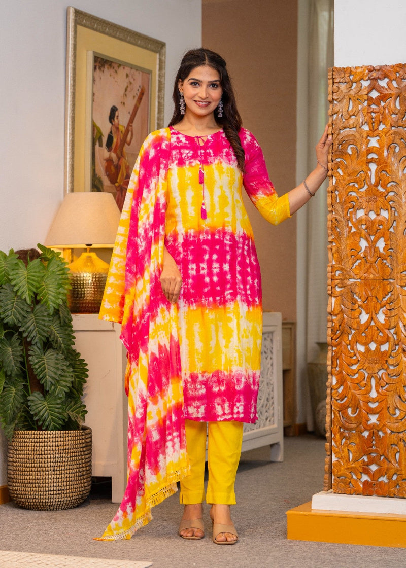 Cotton Dobby Tie and Dye Effect Kurta Pants and Dupatta