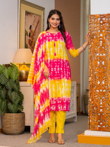 Cotton Dobby Tie and Dye Effect Kurta Pants and Dupatta