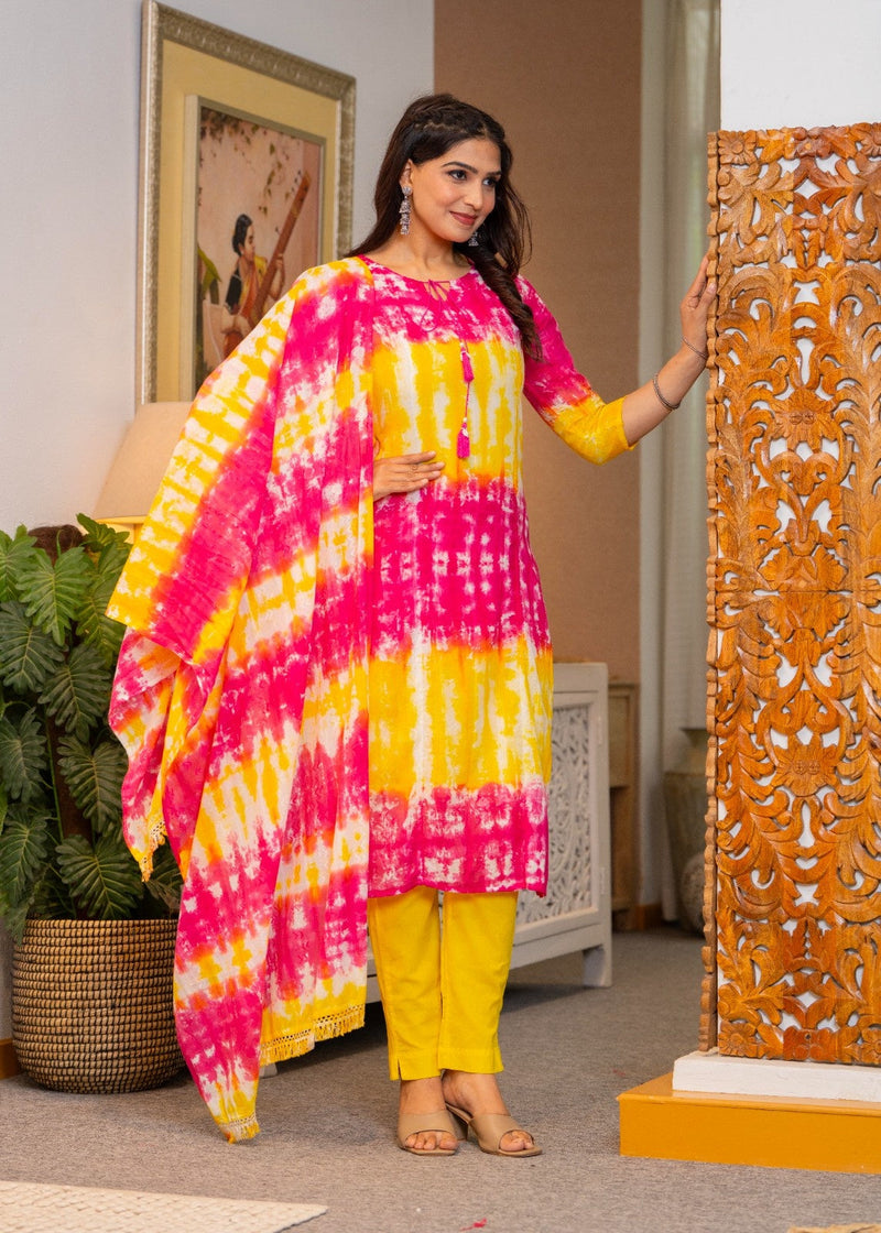 Cotton Dobby Tie and Dye Effect Kurta Pants and Dupatta