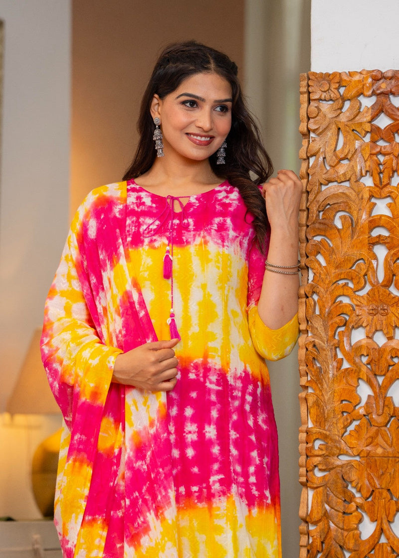 Cotton Dobby Tie and Dye Effect Kurta Pants and Dupatta