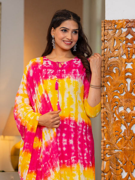 Cotton Dobby Tie and Dye Effect Kurta Pants and Dupatta