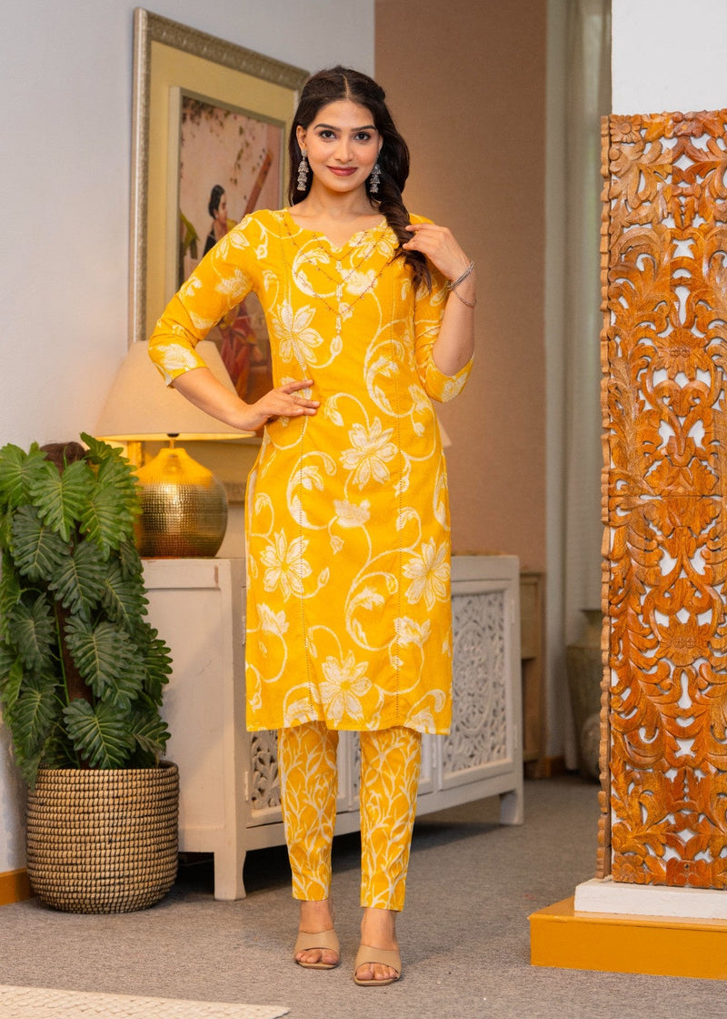 Cotton Dobby Hand Printed Kurta Pants and Dupatta