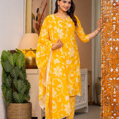 Cotton Dobby Hand Printed Kurta Pants and Dupatta