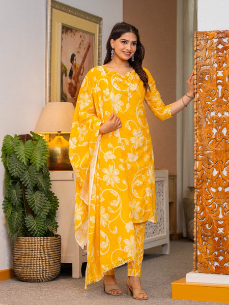 Cotton Dobby Hand Printed Kurta Pants and Dupatta