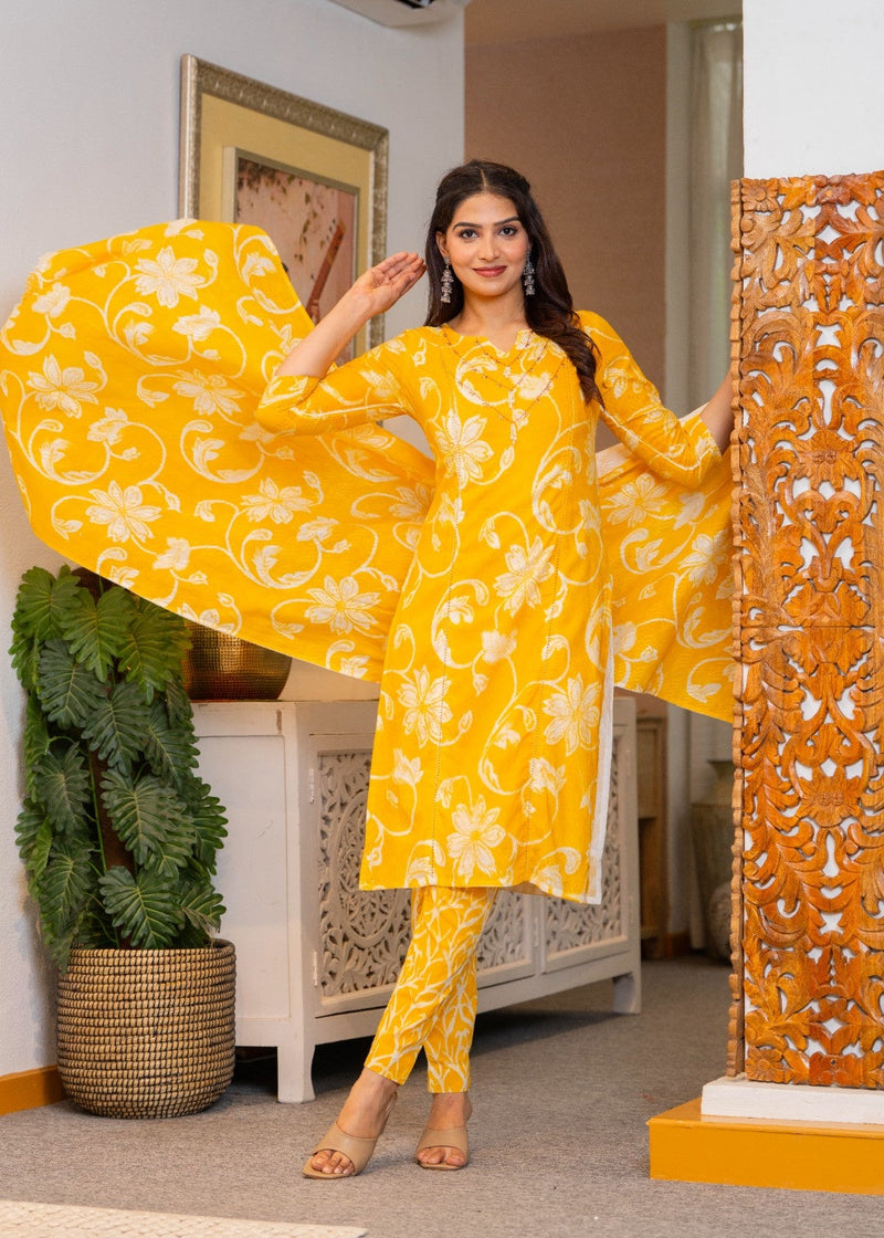 Cotton Dobby Hand Printed Kurta Pants and Dupatta