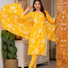 Cotton Dobby Hand Printed Kurta Pants and Dupatta