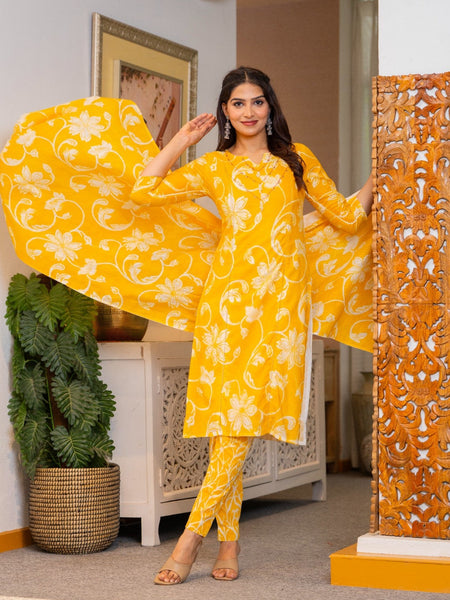 Cotton Dobby Hand Printed Kurta Pants and Dupatta