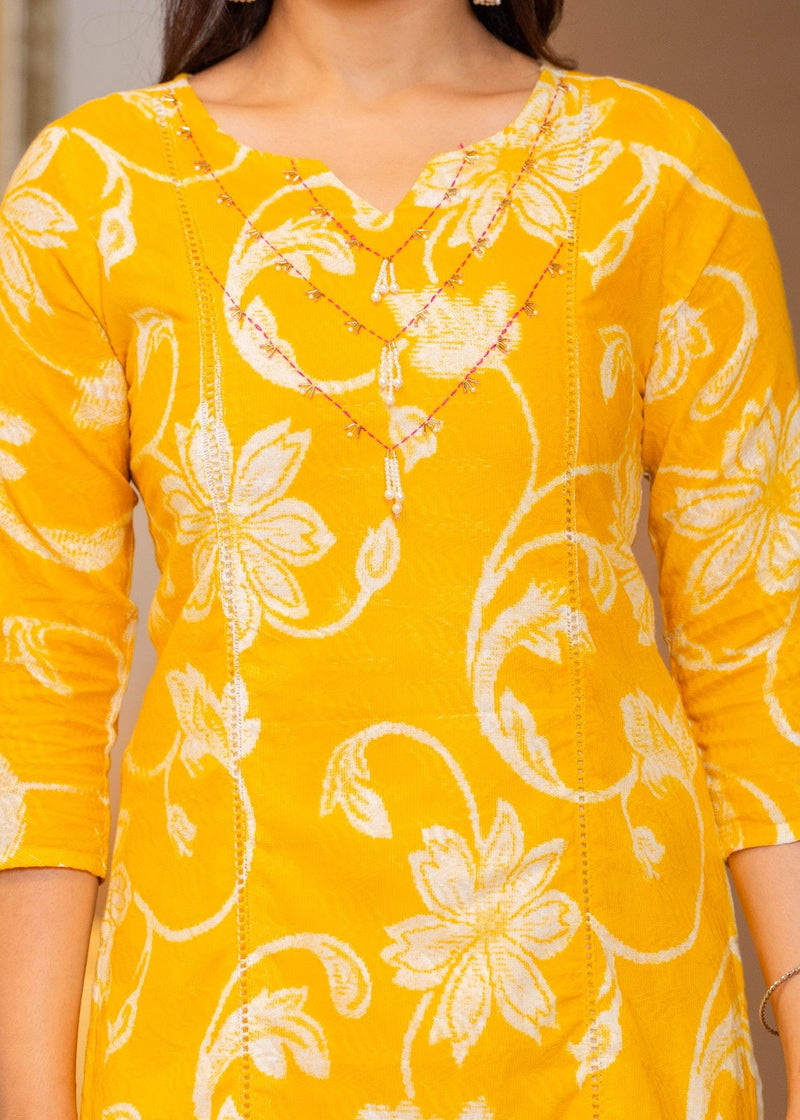 Cotton Dobby Hand Printed Kurta Pants and Dupatta