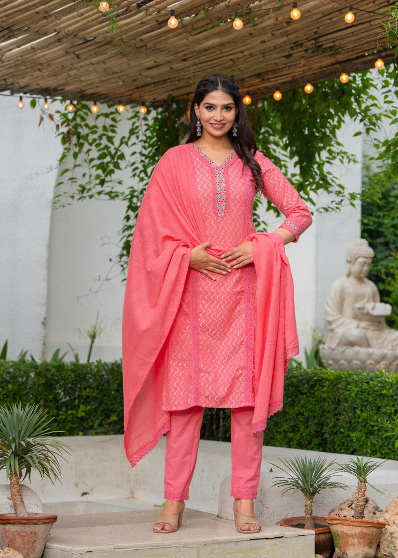 Cotton Schiffli Kurta Pant & Dupatta