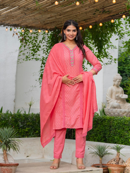 Cotton Schiffli Kurta Pant & Dupatta