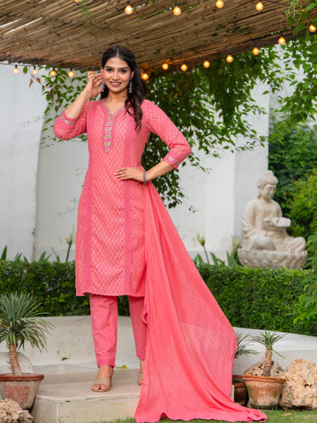 Cotton Schiffli Kurta Pant & Dupatta