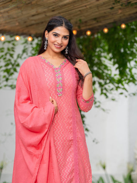 Cotton Schiffli Kurta Pant & Dupatta