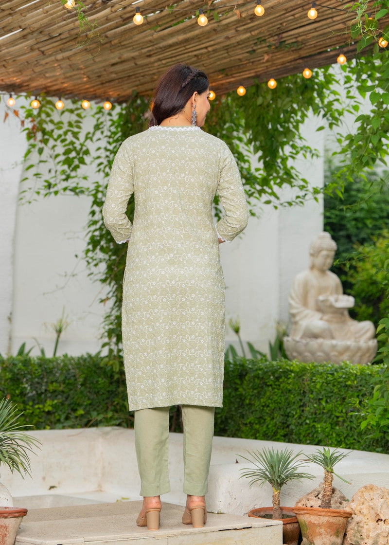 Cotton Schiffili Embroidered Kurta Pants and Dupatta