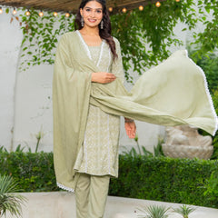 Cotton Schiffili Embroidered Kurta Pants and Dupatta