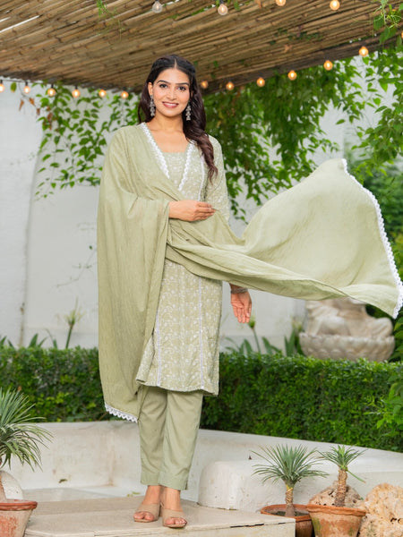 Cotton Schiffili Embroidered Kurta Pants and Dupatta