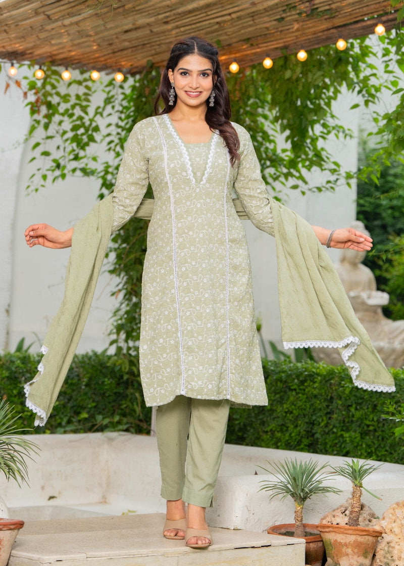 Cotton Schiffili Embroidered Kurta Pants and Dupatta
