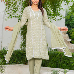 Cotton Schiffili Embroidered Kurta Pants and Dupatta