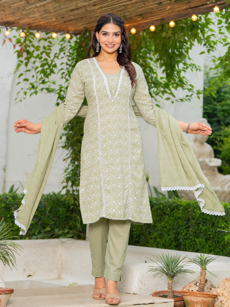 Cotton Schiffili Embroidered Kurta Pants and Dupatta