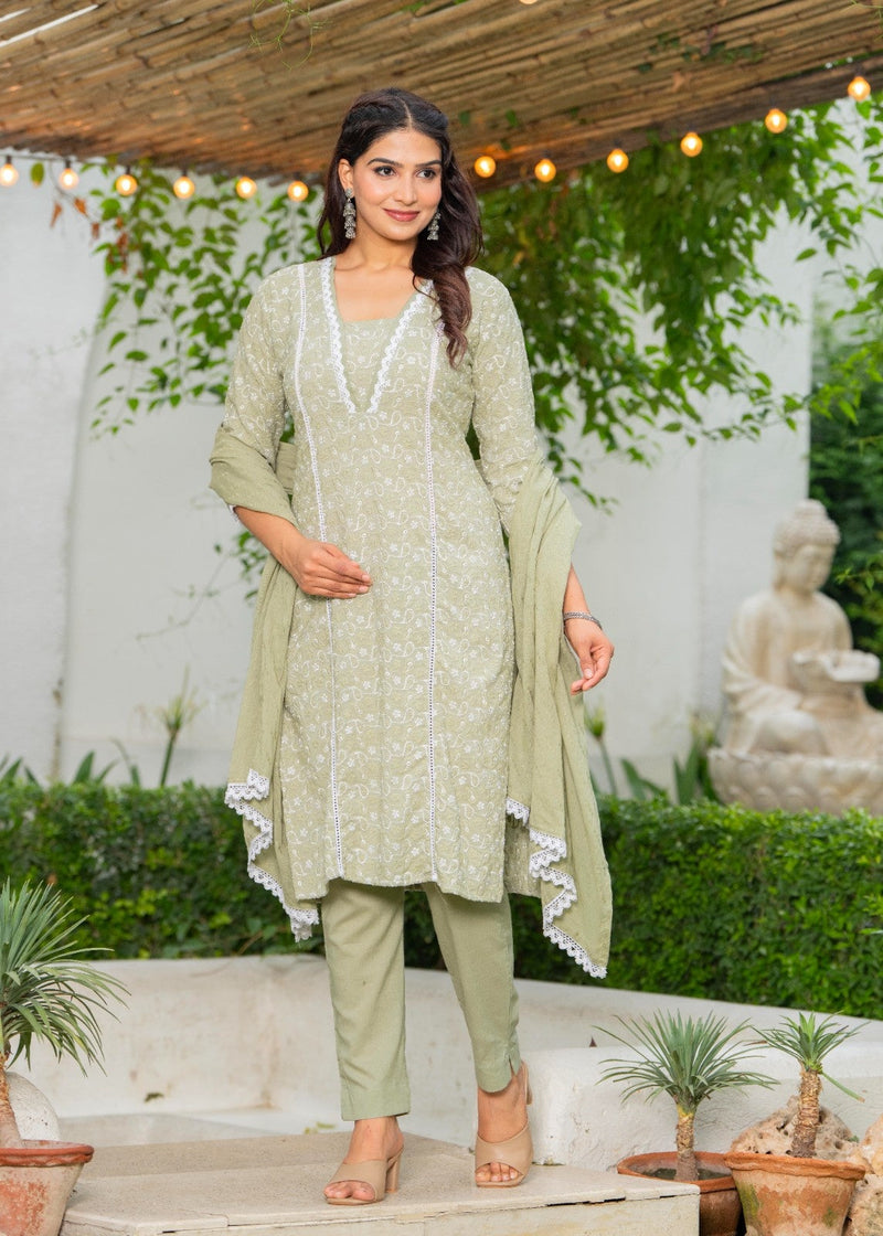 Cotton Schiffili Embroidered Kurta Pants and Dupatta