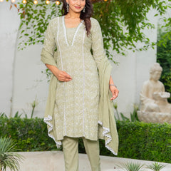 Cotton Schiffili Embroidered Kurta Pants and Dupatta