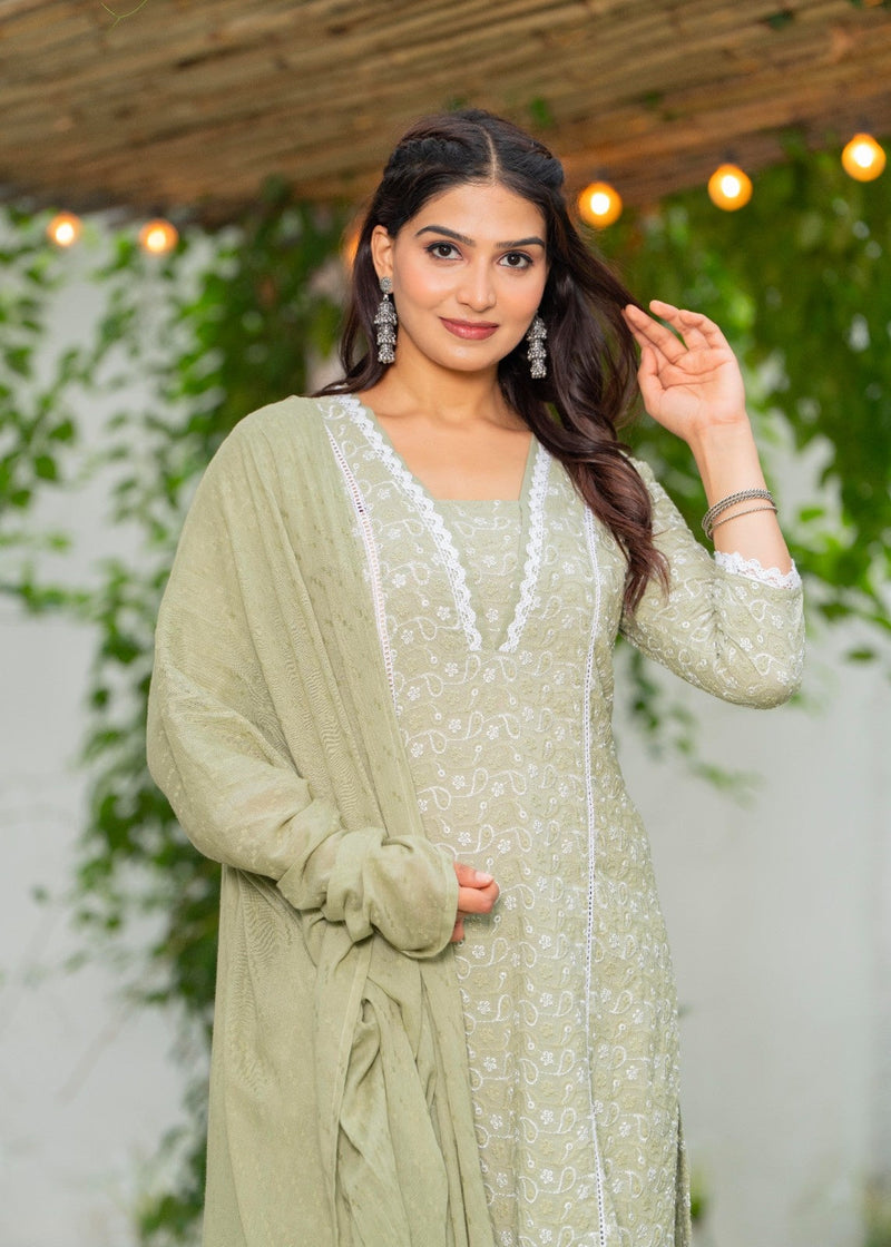 Cotton Schiffili Embroidered Kurta Pants and Dupatta