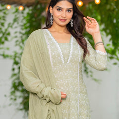 Cotton Schiffili Embroidered Kurta Pants and Dupatta