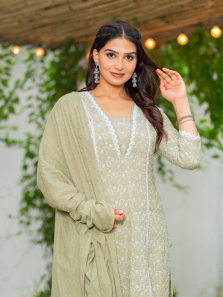 Cotton Schiffili Embroidered Kurta Pants and Dupatta