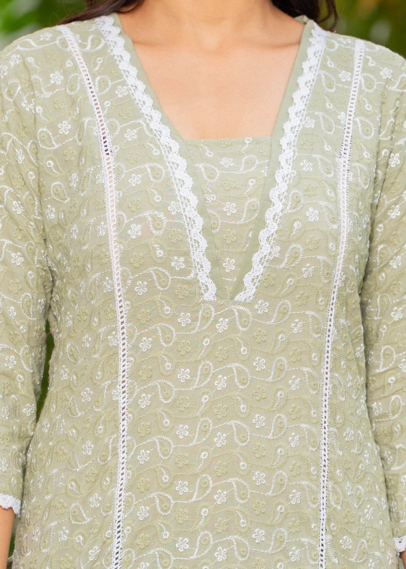 Cotton Schiffili Embroidered Kurta Pants and Dupatta