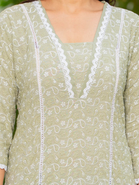 Cotton Schiffili Embroidered Kurta Pants and Dupatta