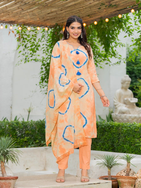 Cotton Dobby Tie and Dye Effect Kurta Pants and Dupatta