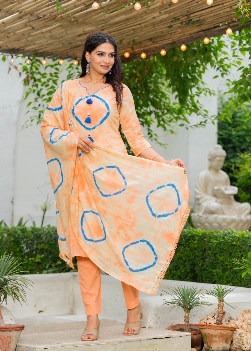 Cotton Dobby Tie and Dye Effect Kurta Pants and Dupatta