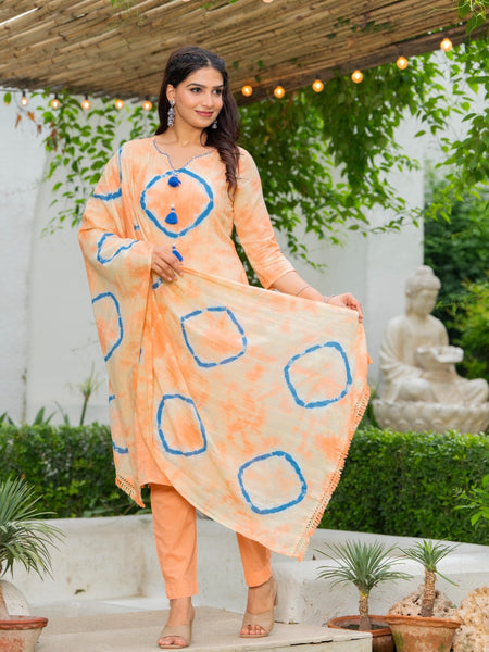 Cotton Dobby Tie and Dye Effect Kurta Pants and Dupatta