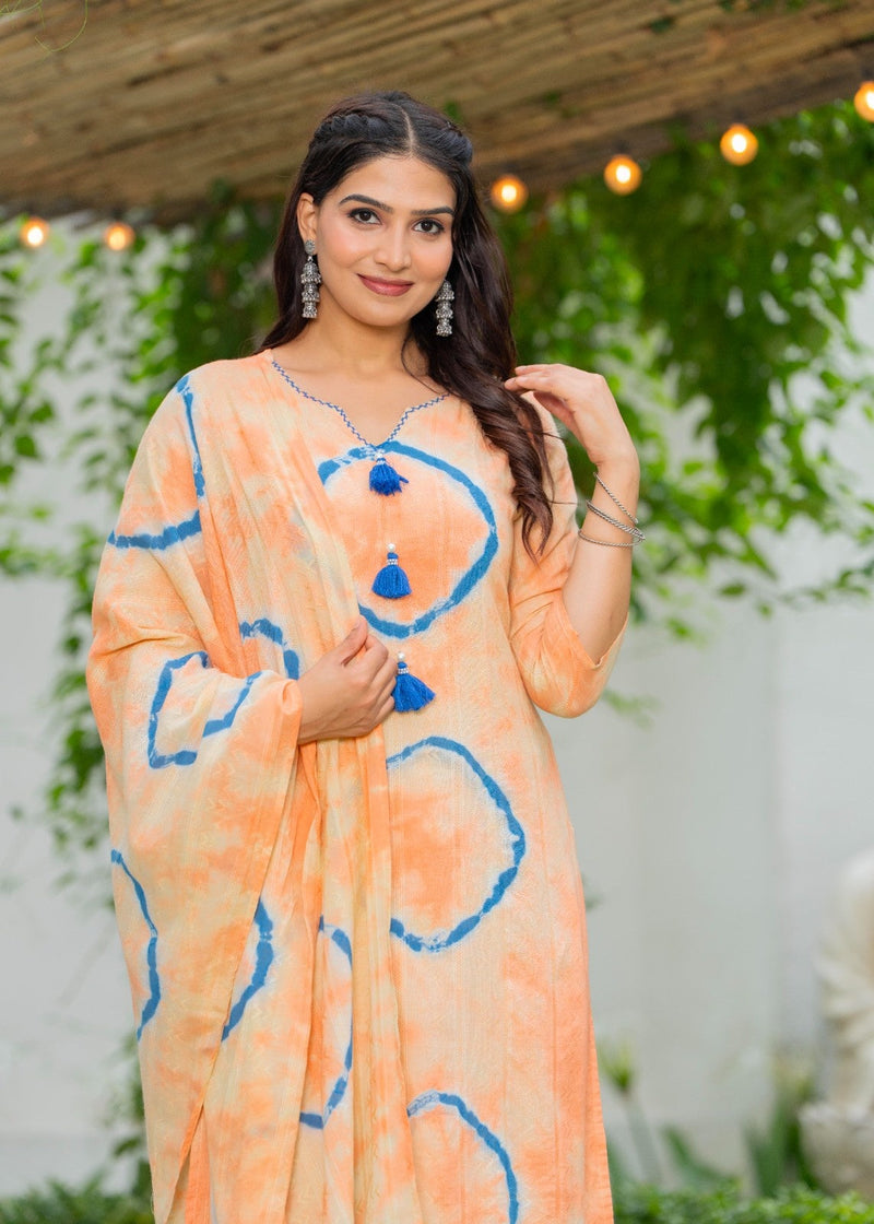 Cotton Dobby Tie and Dye Effect Kurta Pants and Dupatta
